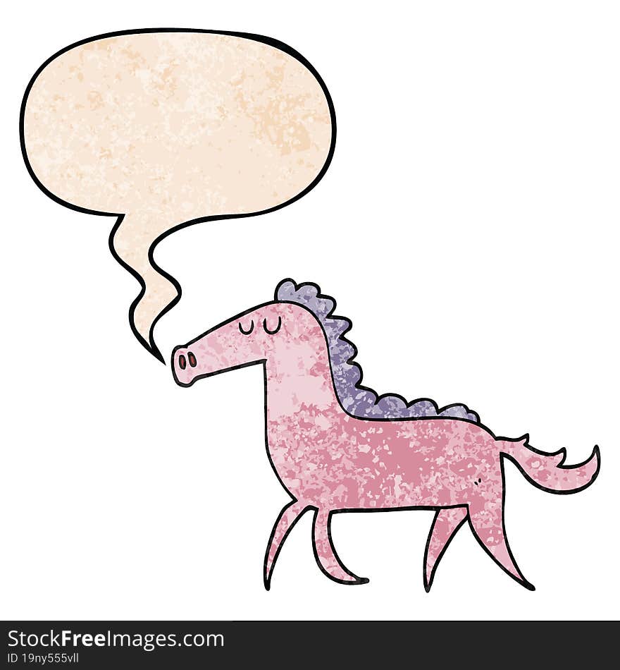 cartoon horse and speech bubble in retro texture style