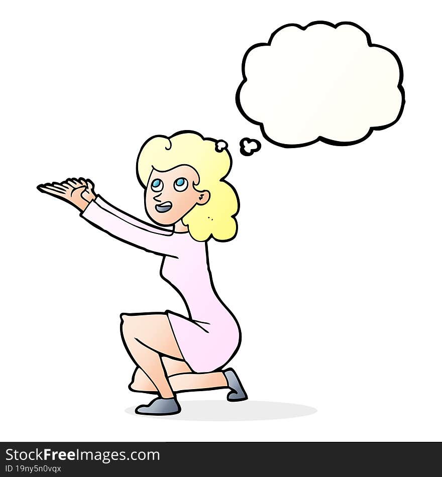 cartoon woman presentation gesture with thought bubble