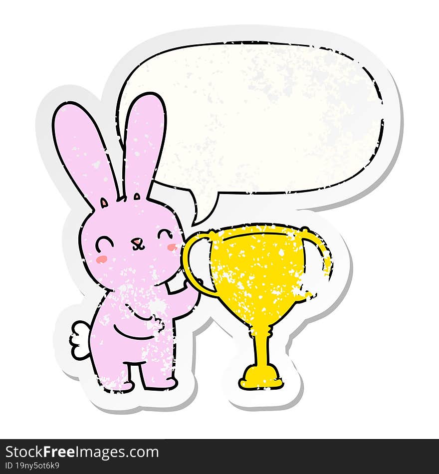 cute cartoon rabbit with sports trophy cup with speech bubble distressed distressed old sticker. cute cartoon rabbit with sports trophy cup with speech bubble distressed distressed old sticker