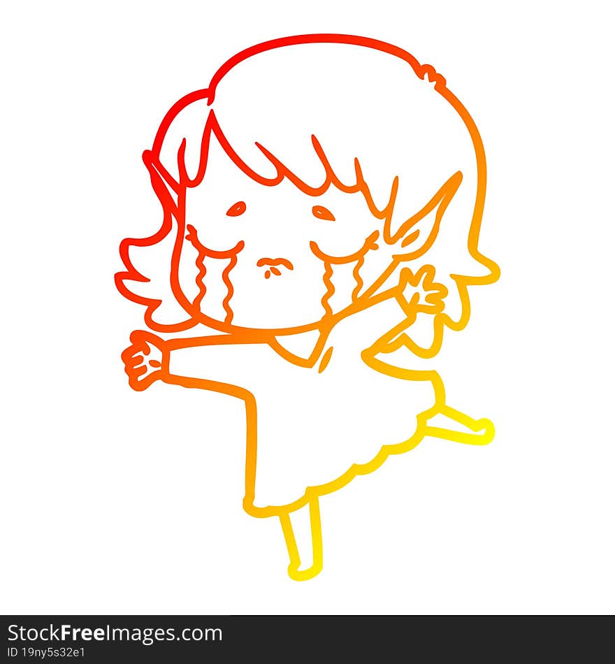 warm gradient line drawing of a cartoon crying elf girl