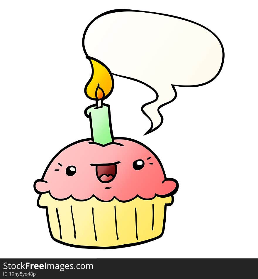 cartoon cupcake and candle and speech bubble in smooth gradient style