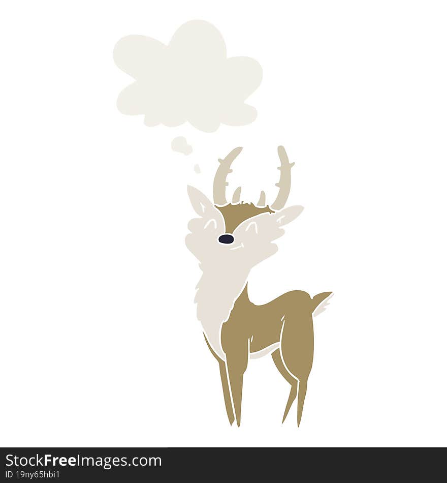 cartoon happy stag with thought bubble in retro style