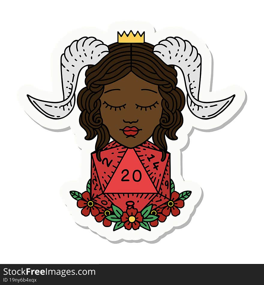 sticker of a tiefling with natural twenty d20 dice roll. sticker of a tiefling with natural twenty d20 dice roll