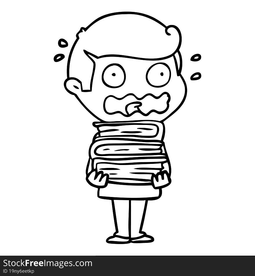 cartoon man with books totally stressed out. cartoon man with books totally stressed out