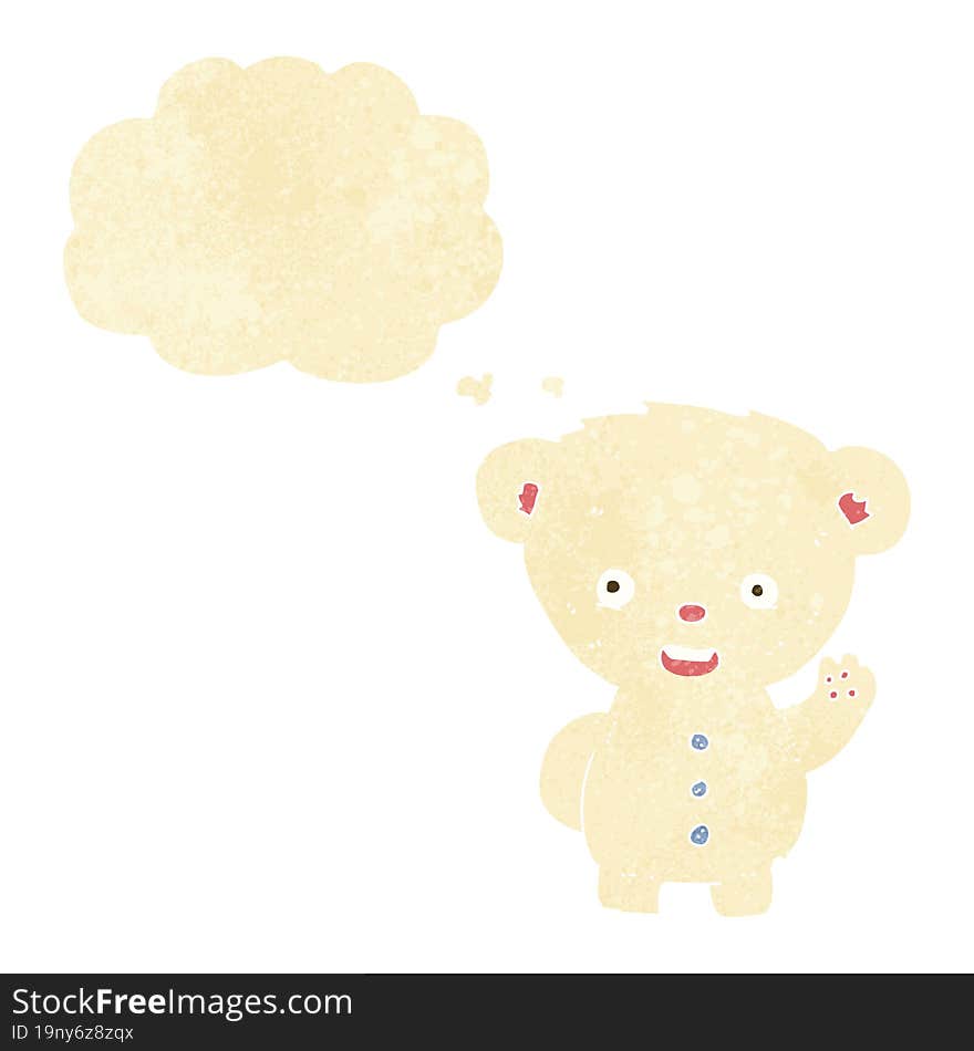 cartoon waving polar bear cub with thought bubble