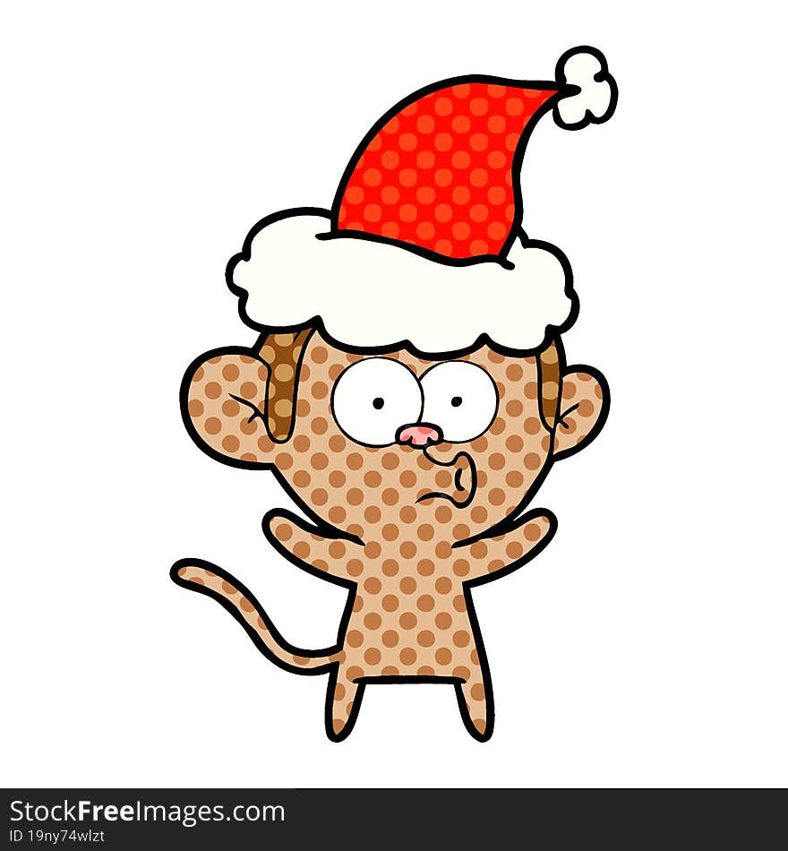 comic book style illustration of a surprised monkey wearing santa hat