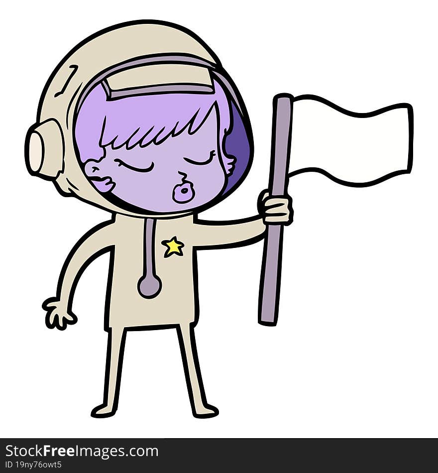 cartoon pretty astronaut girl planting flag. cartoon pretty astronaut girl planting flag