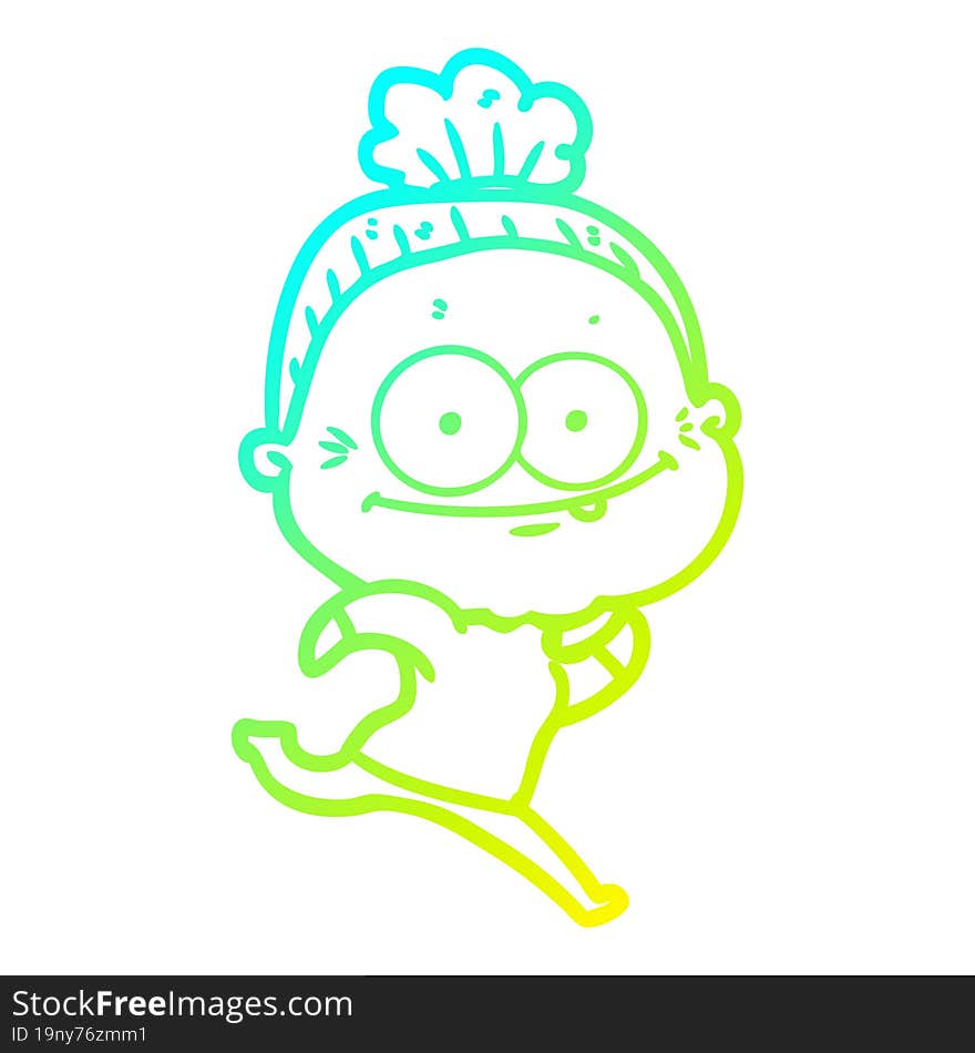 cold gradient line drawing of a cartoon happy old woman