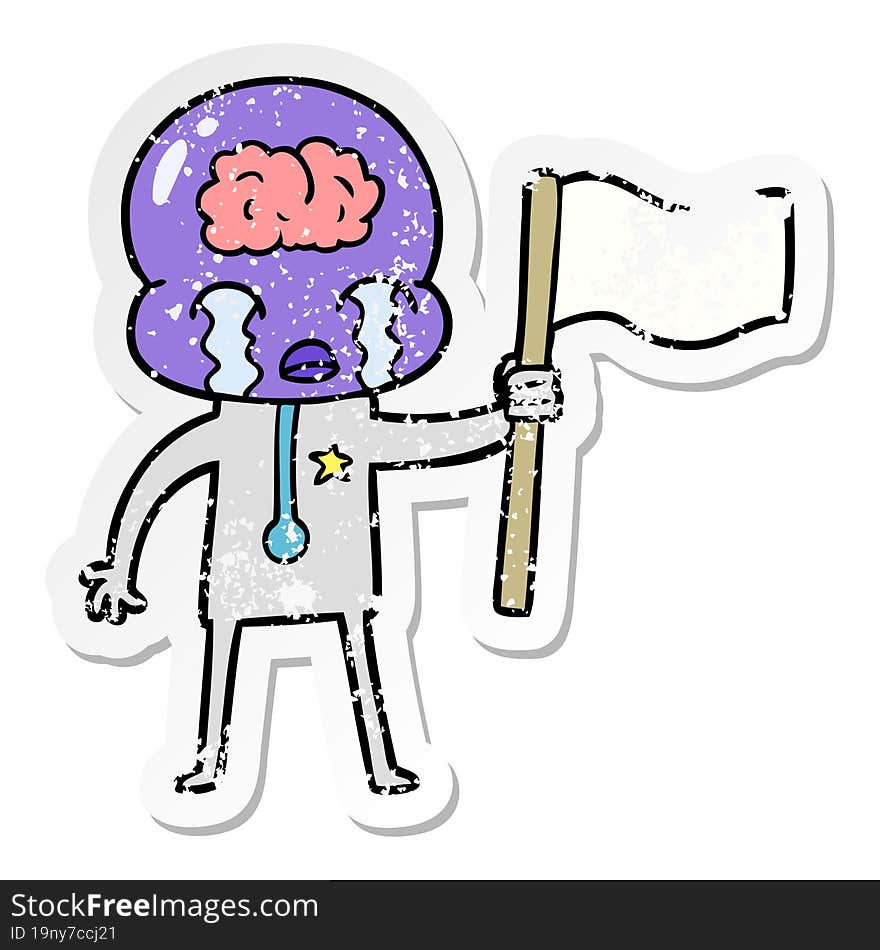 distressed sticker of a cartoon crying big brain alien waving a flag