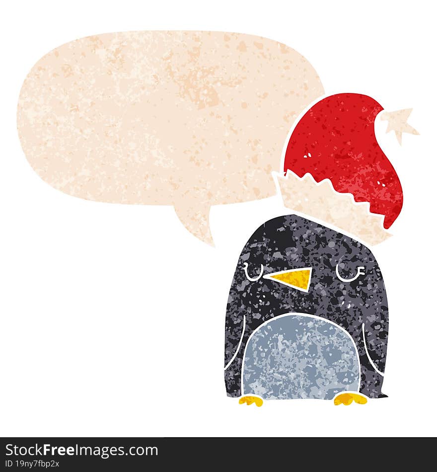 cute christmas penguin and speech bubble in retro textured style