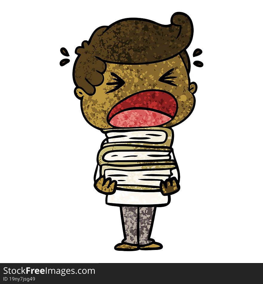 cartoon shouting man with stack of books. cartoon shouting man with stack of books