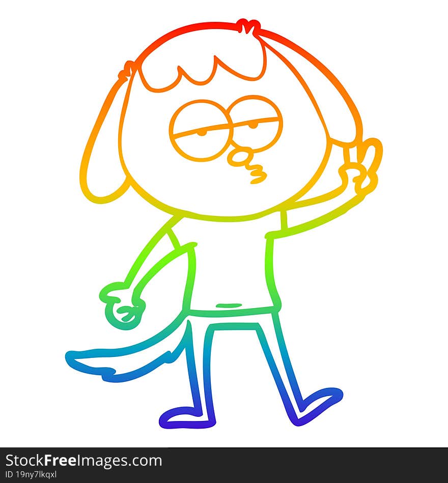 rainbow gradient line drawing of a cartoon tired dog giving peace sign