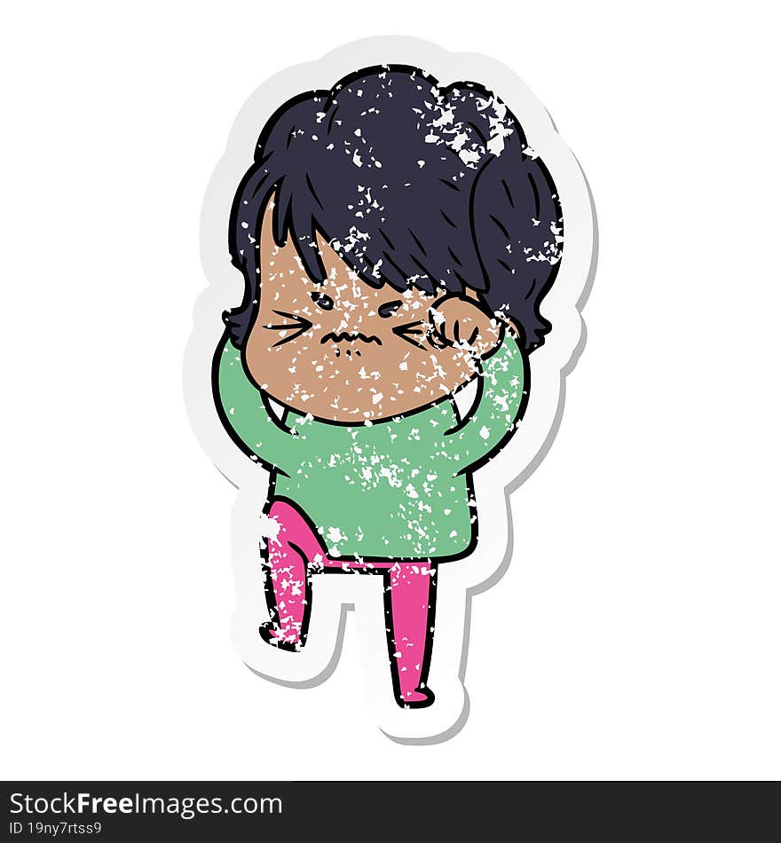 distressed sticker of a cartoon frustrated woman