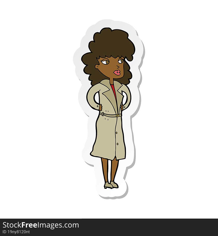 sticker of a cartoon woman in trench coat