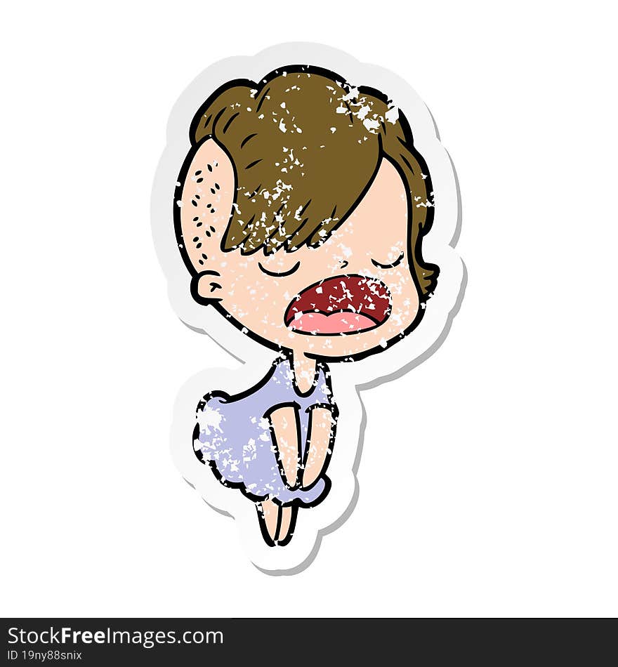 distressed sticker of a cartoon cool hipster girl talking