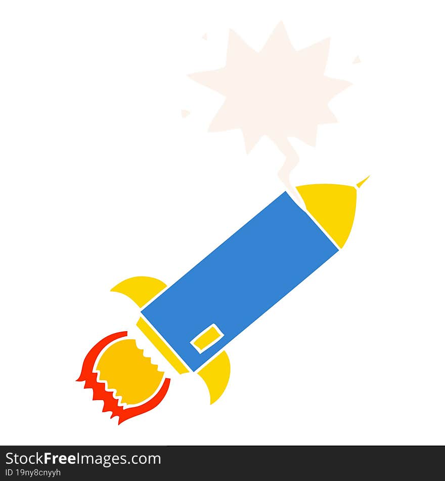 Cartoon Rocket And Speech Bubble In Retro Style