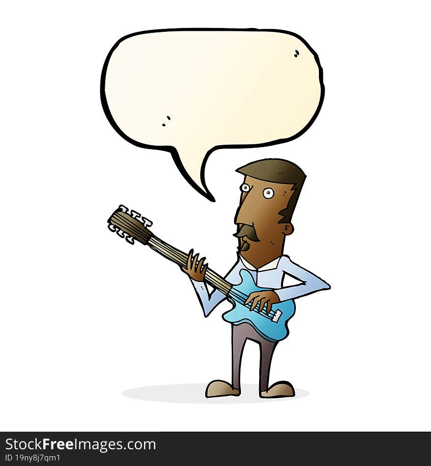 cartoon man playing electric guitar with speech bubble