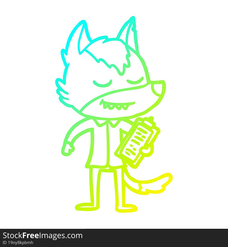 Cold Gradient Line Drawing Friendly Cartoon Wolf With Notes