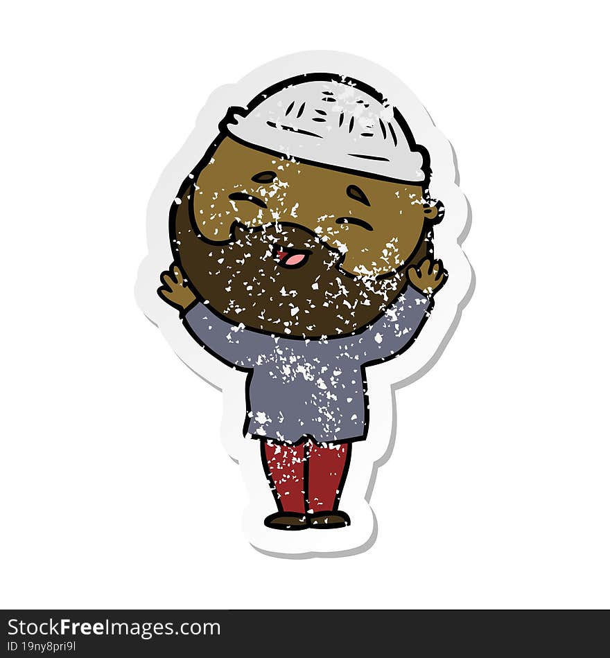 distressed sticker of a cartoon happy bearded man