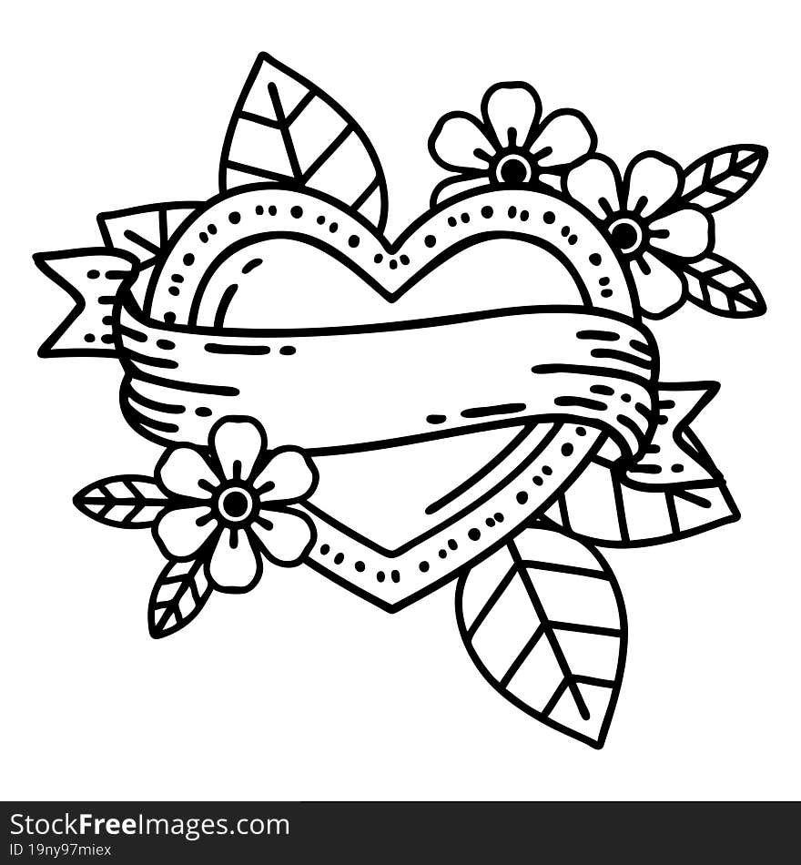 tattoo in black line style of a heart and banner. tattoo in black line style of a heart and banner