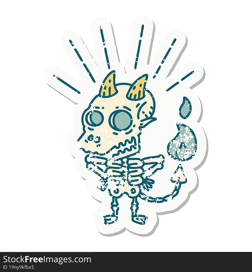 grunge sticker of tattoo style skeleton demon character