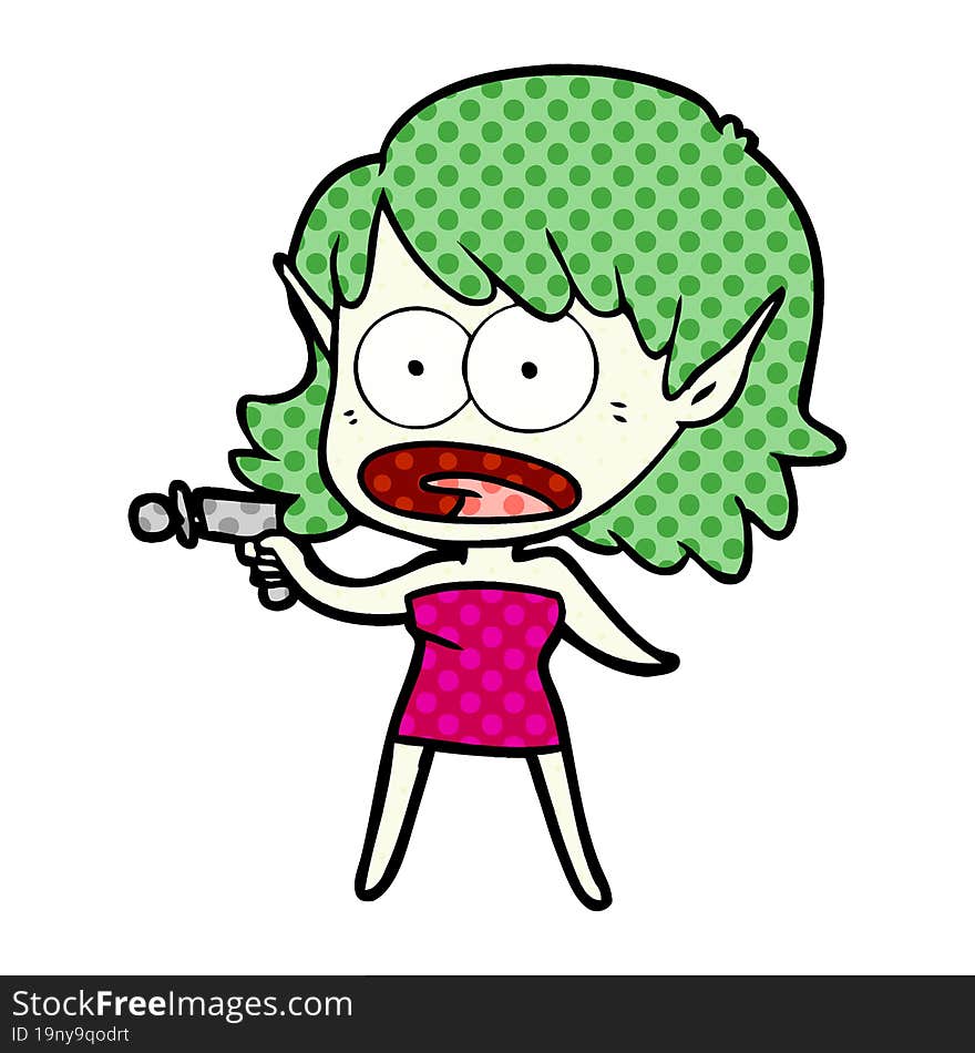 cartoon shocked alien girl with ray gun. cartoon shocked alien girl with ray gun