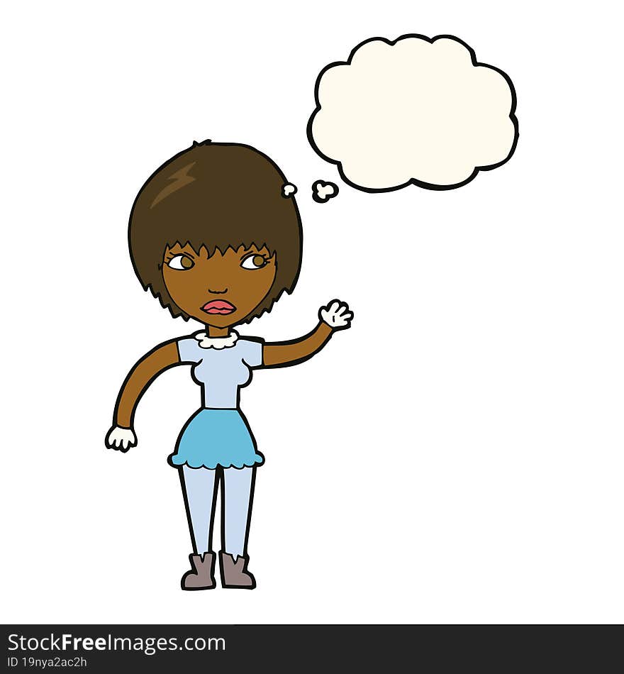 cartoon waving woman with thought bubble