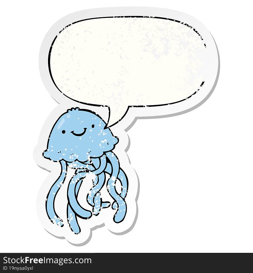 Cartoon Happy Jellyfish And Speech Bubble Distressed Sticker