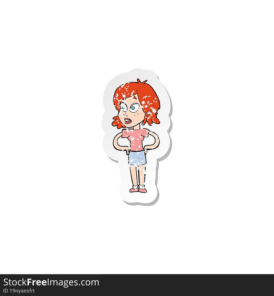 retro distressed sticker of a cartoon woman with hands on hips