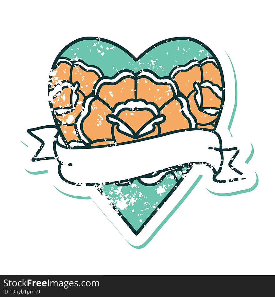 Distressed Sticker Tattoo Style Icon Of A Heart And Banner With Flowers