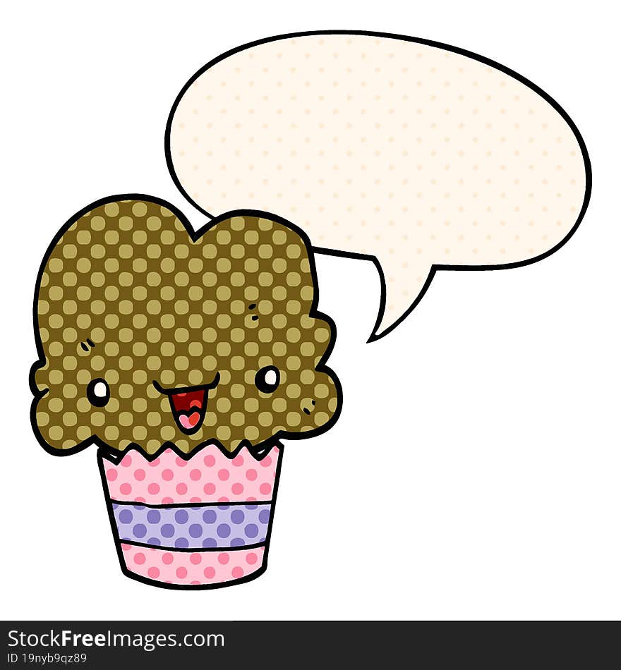 cartoon cupcake with face with speech bubble in comic book style. cartoon cupcake with face with speech bubble in comic book style