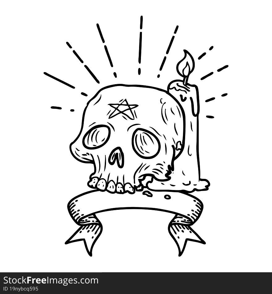 banner with black line work tattoo style spooky skull and candle