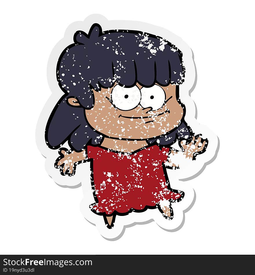 distressed sticker of a cartoon smiling woman