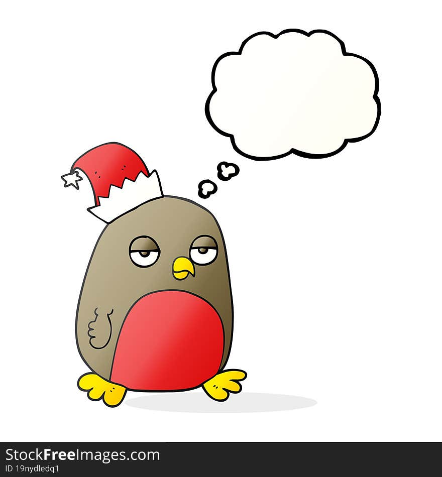 freehand drawn thought bubble cartoon christmas robin wearing christmas hat. freehand drawn thought bubble cartoon christmas robin wearing christmas hat