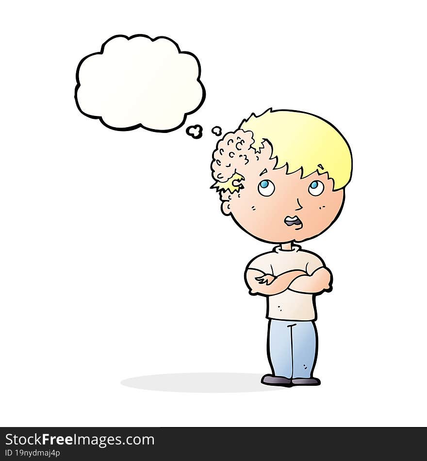 cartoon boy with growth on head with thought bubble