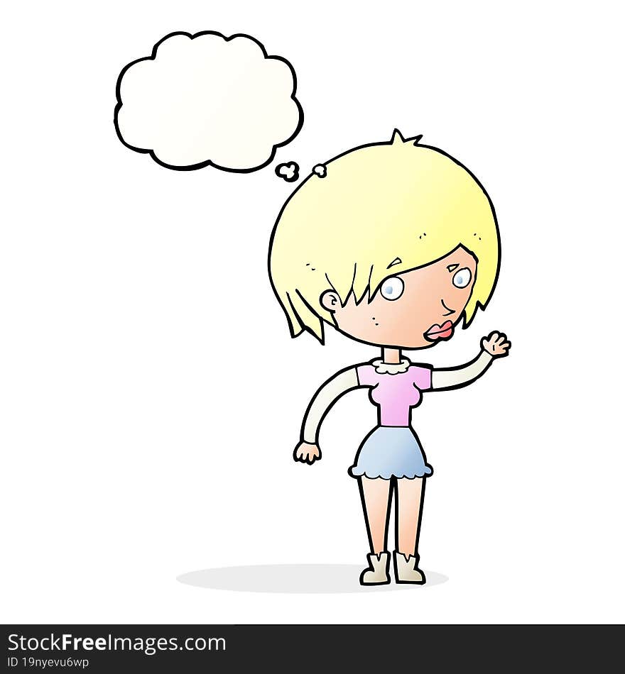 cartoon waving woman with thought bubble