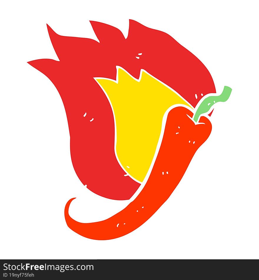 flat color illustration of a cartoon flaming hot chilli pepper