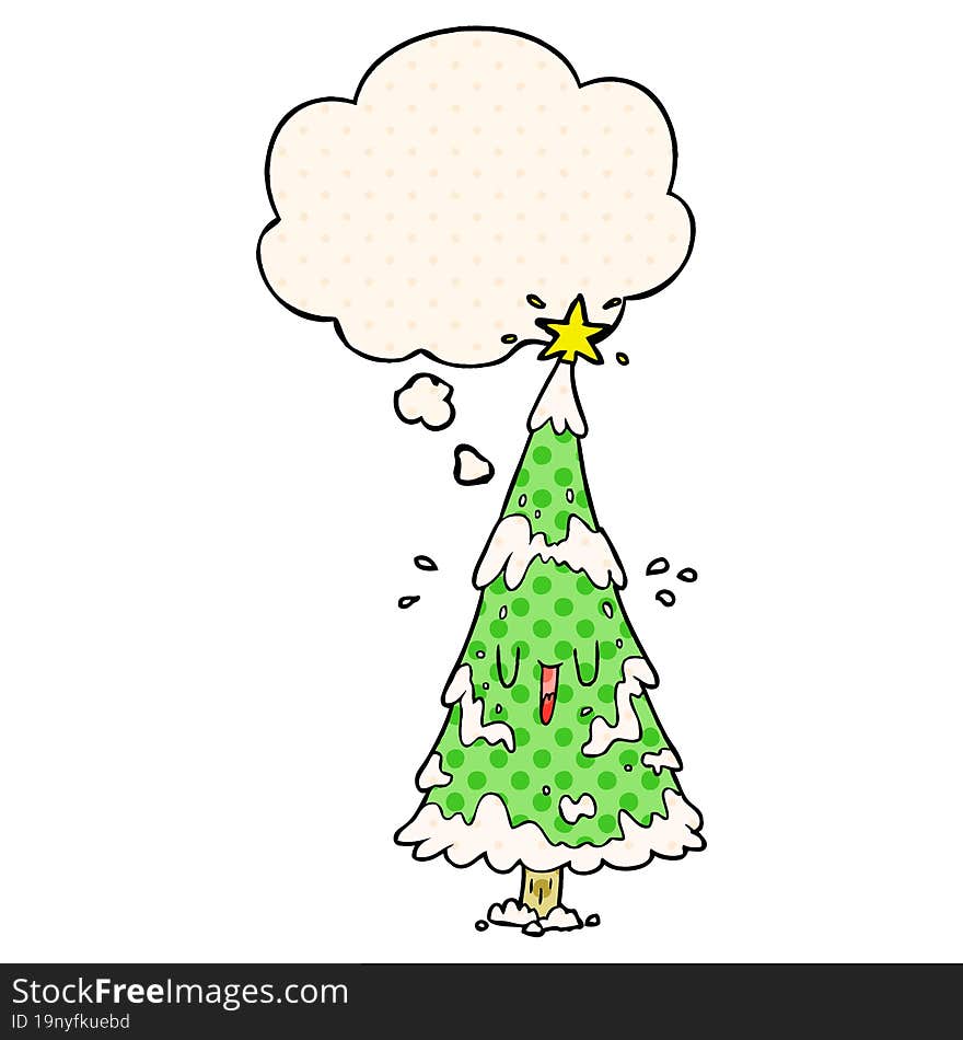 cartoon christmas tree with thought bubble in comic book style