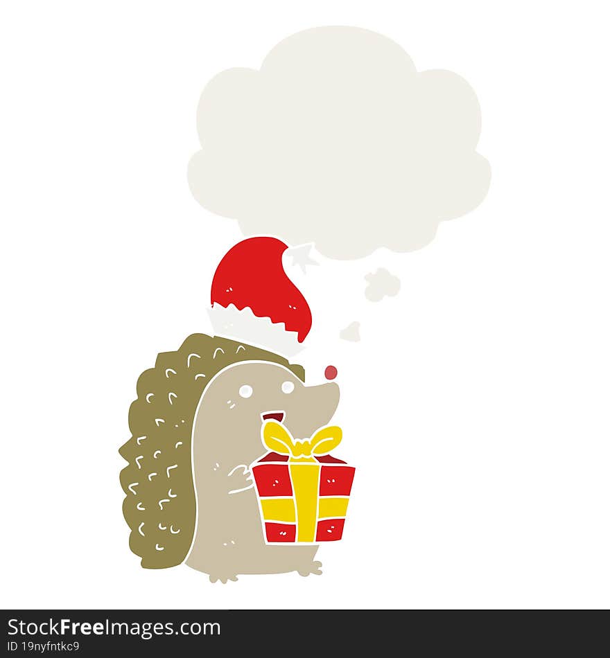 cartoon hedgehog wearing christmas hat and thought bubble in retro style