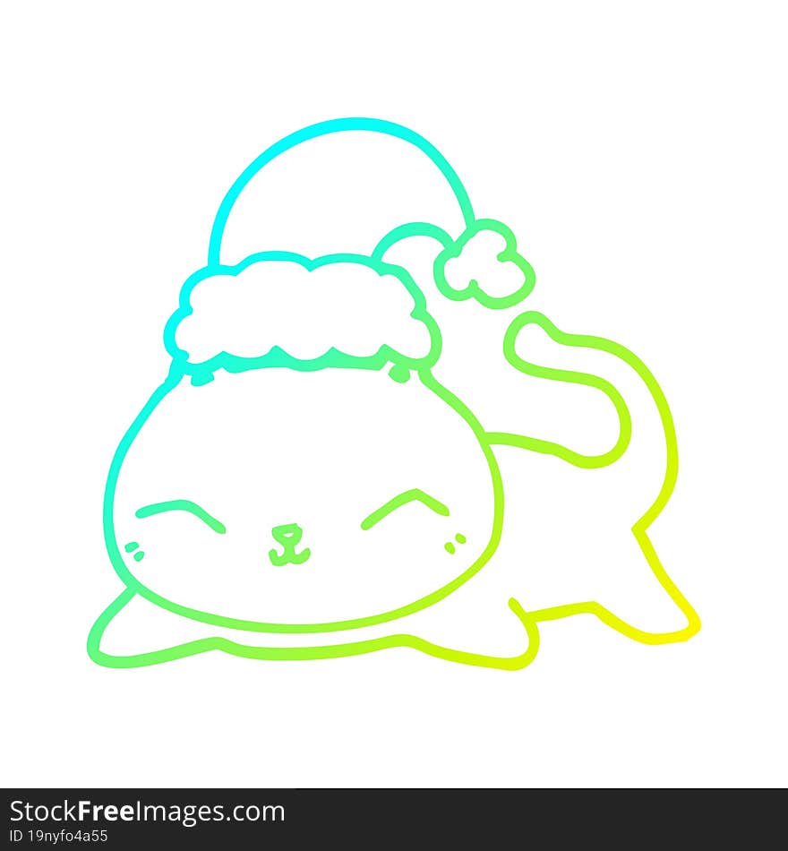 cold gradient line drawing of a cute cartoon christmas cat