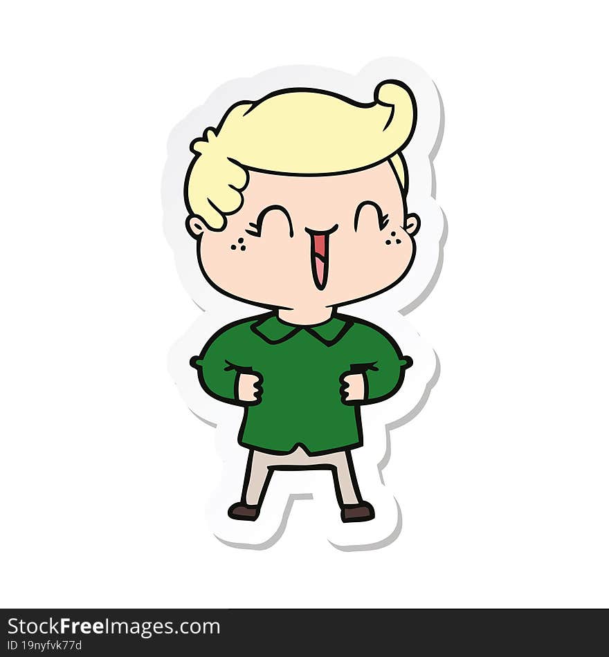 sticker of a cartoon laughing boy with hands on hips