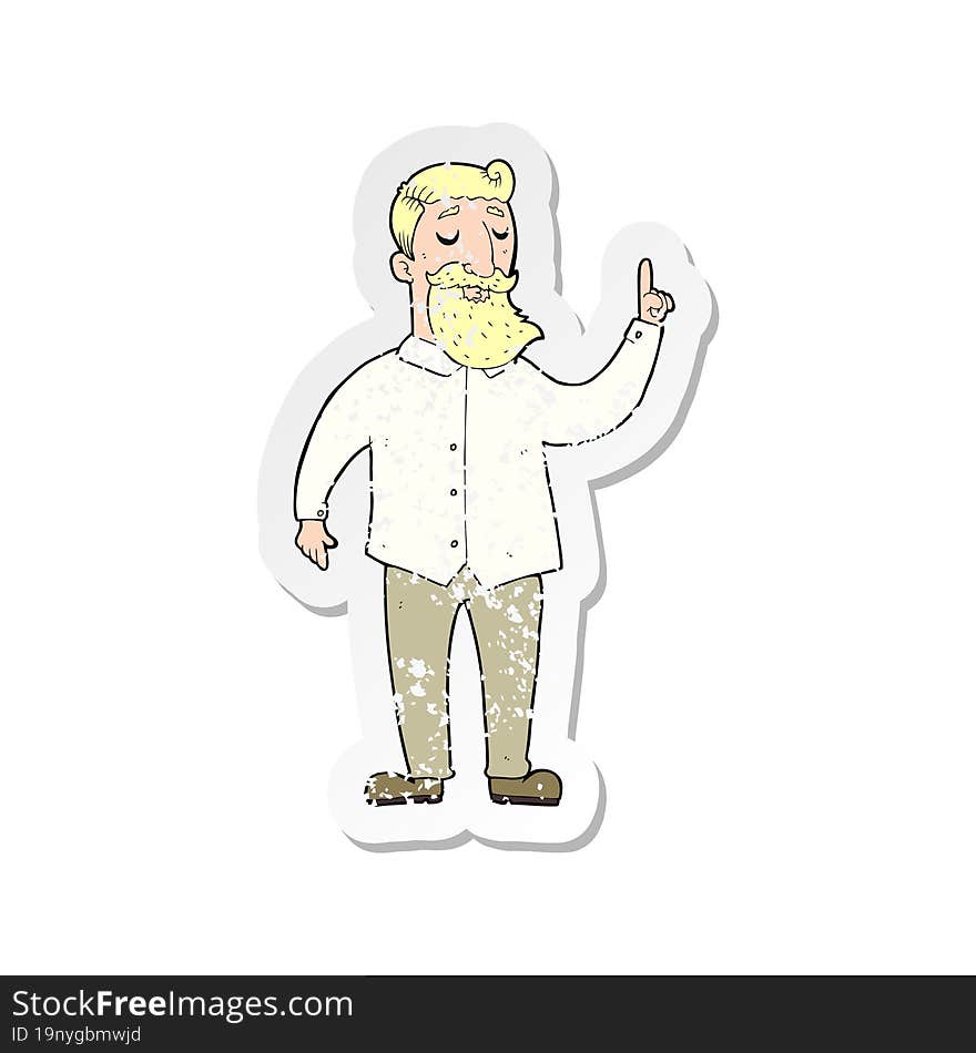 retro distressed sticker of a cartoon bearded man with idea