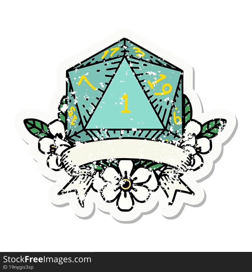 grunge sticker of a natural one d20 dice roll. grunge sticker of a natural one d20 dice roll