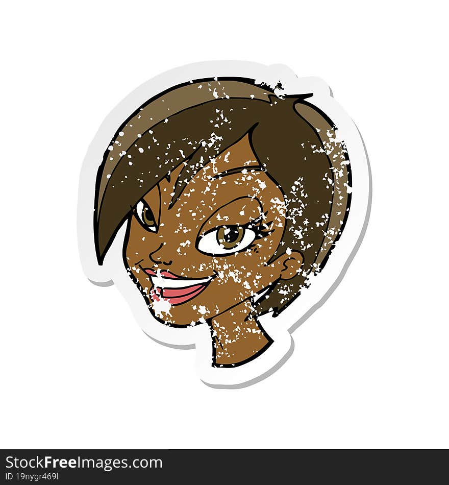 retro distressed sticker of a cartoon pretty female face