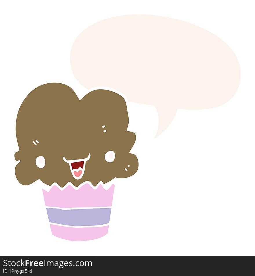 cartoon cupcake with face with speech bubble in retro style. cartoon cupcake with face with speech bubble in retro style