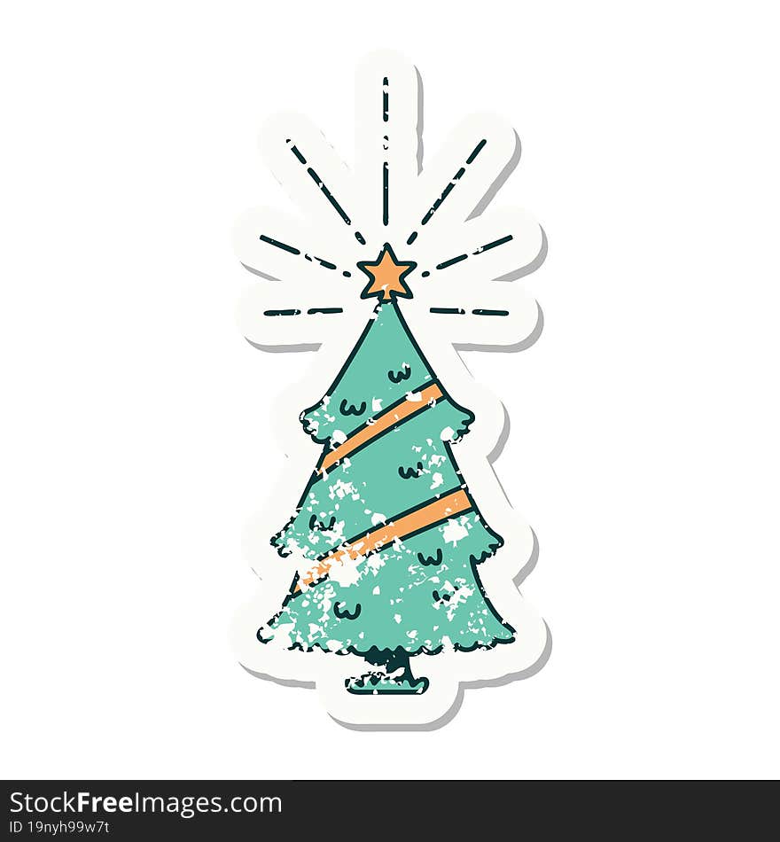 grunge sticker of tattoo style christmas tree with star