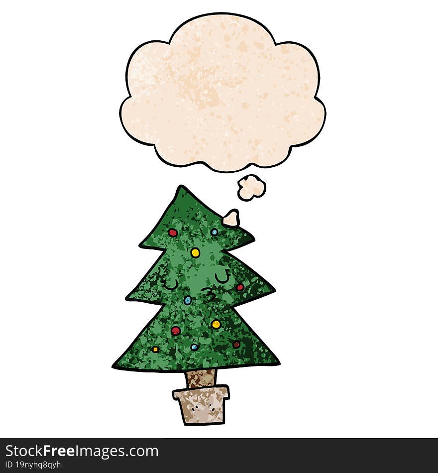 Cartoon Christmas Tree And Thought Bubble In Grunge Texture Pattern Style