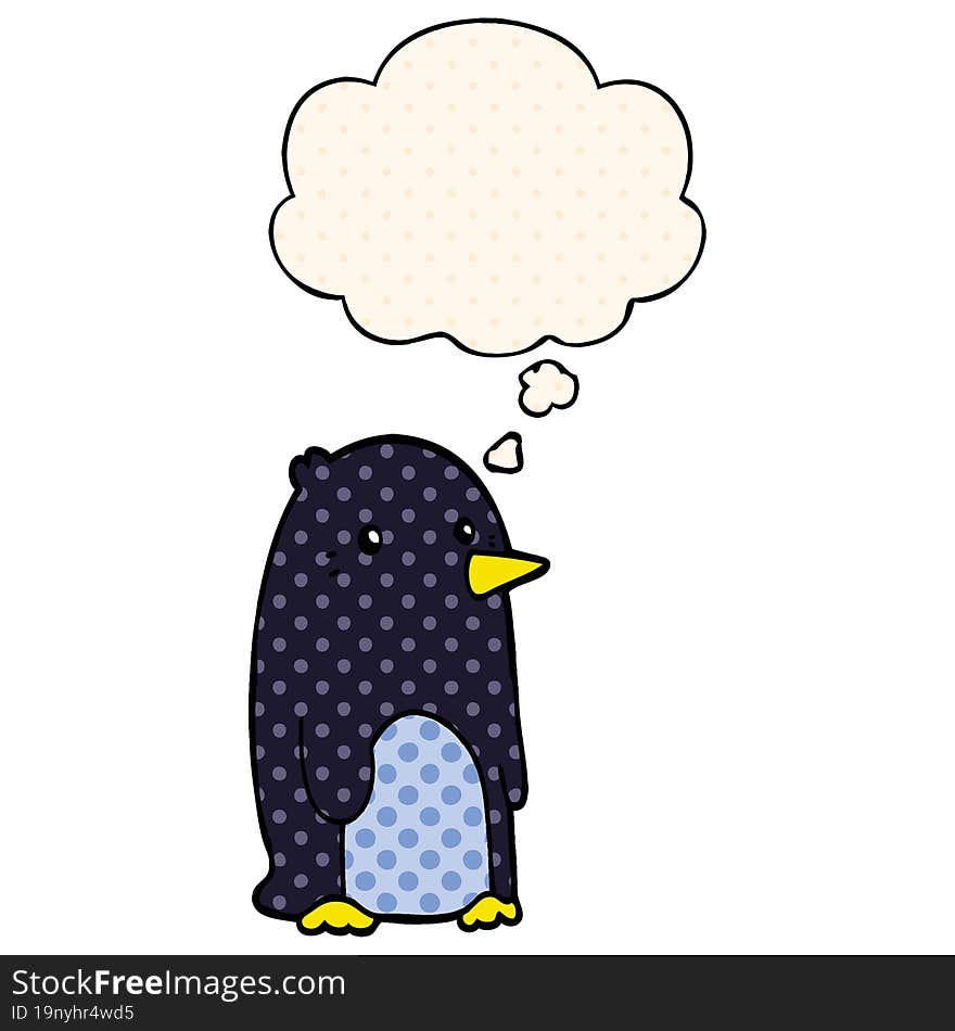 cartoon penguin and thought bubble in comic book style