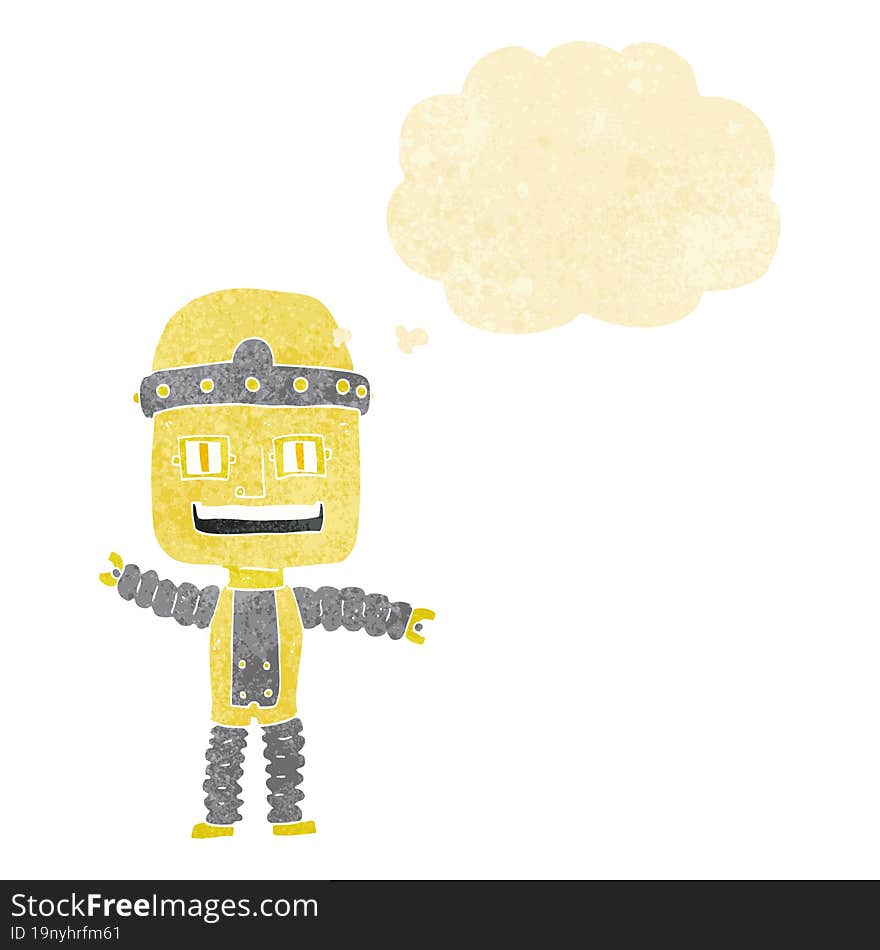 cartoon waving robot with thought bubble