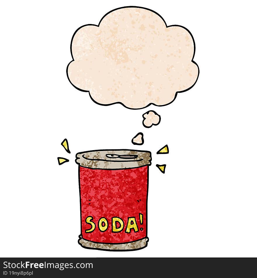 cartoon soda can and thought bubble in grunge texture pattern style